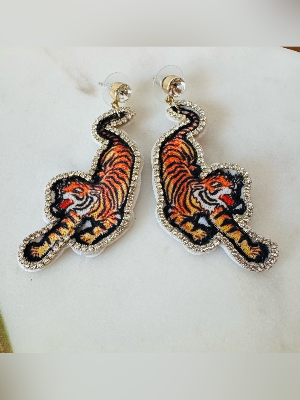 Embroidered Tiger Rhinestone Statement Earrings Gold Tone